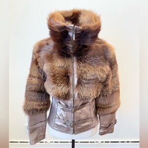 Luxurious cropped Genuine Fox Fur & metallic Leather Jacket with a belted waist